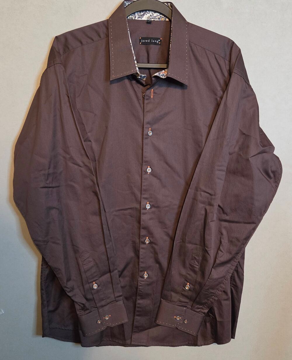 Jared Lang Barcelona 742 LS Buton-down brown dress shirt contrast trim size XL